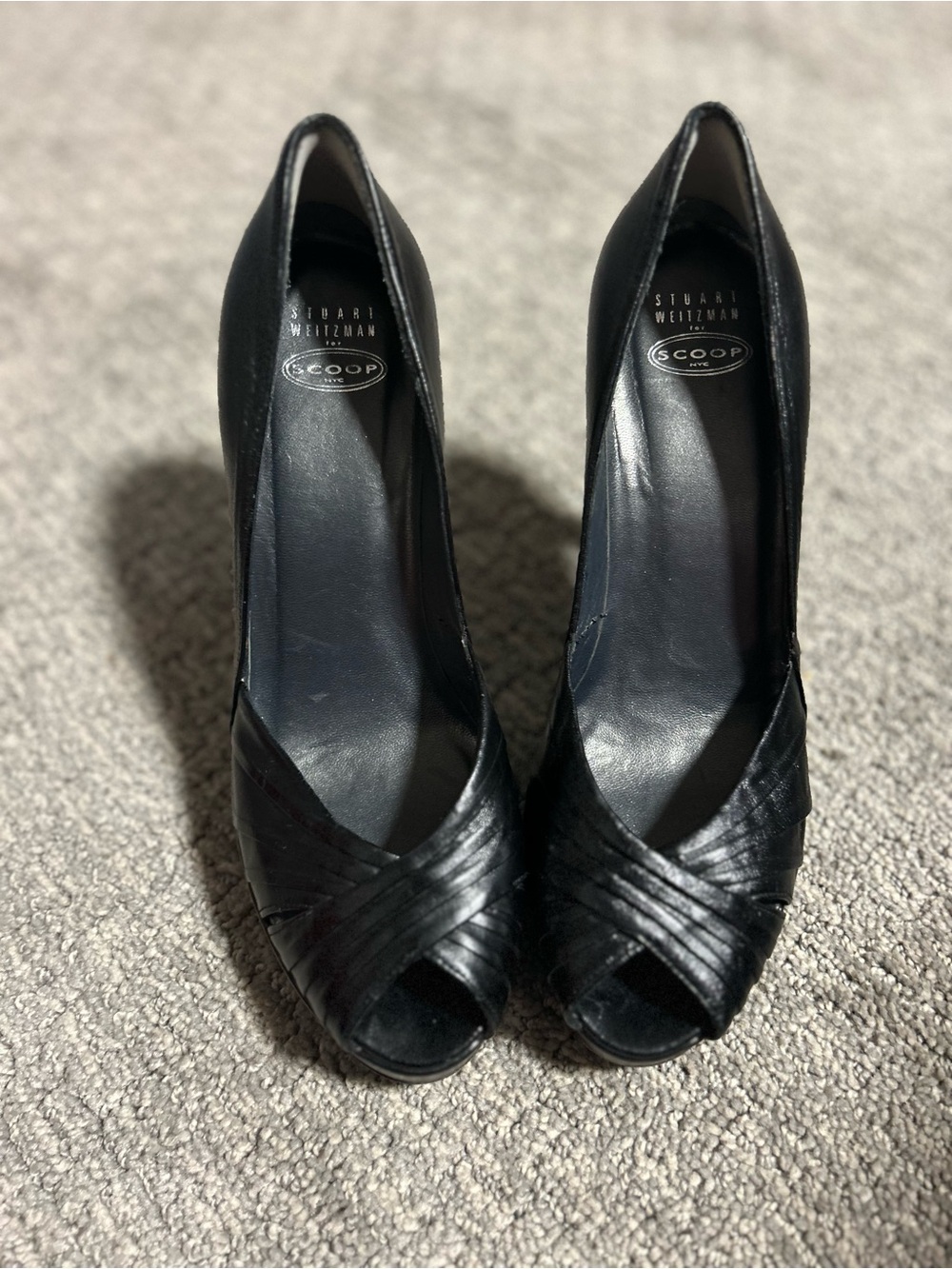 Stuart Weitzman for Scoop NYC Black Leather Pleated Peep-Toe Platform Pumps